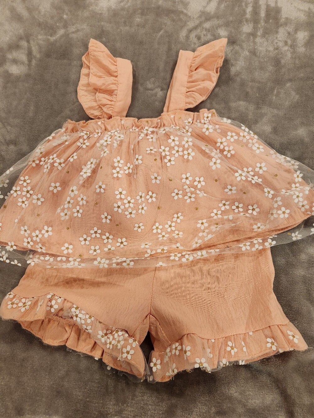 Peach Floral Tulle Bow Top & Shorts, Size 12-18M - Picture 2 of 3